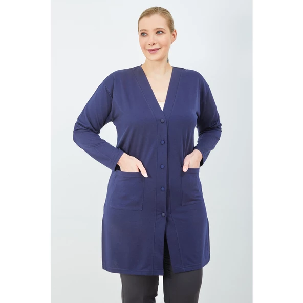 Kadın Vizon Düğmeli Cepli Büyük Beden  Anne Uzun Penye Hırka - 8