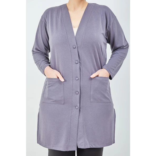 Kadın Vizon Düğmeli Cepli Büyük Beden  Anne Uzun Penye Hırka - 12