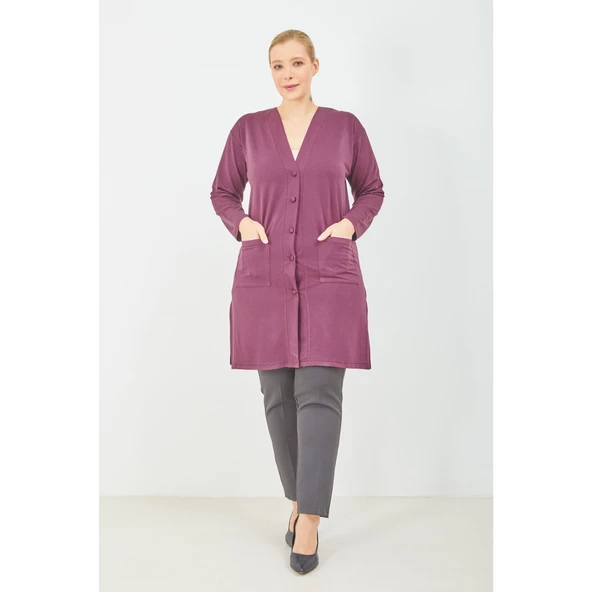 Kadın Vizon Düğmeli Cepli Büyük Beden  Anne Uzun Penye Hırka - 6