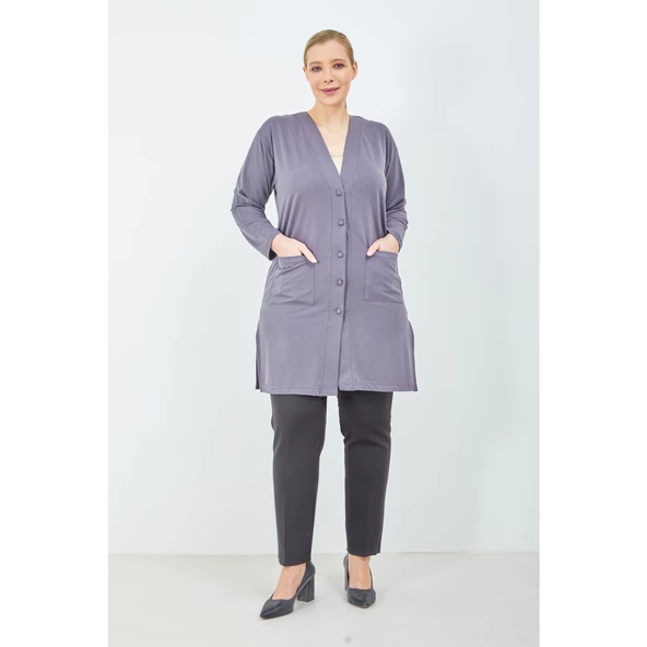 Kadın Vizon Düğmeli Cepli Büyük Beden  Anne Uzun Penye Hırka - 11