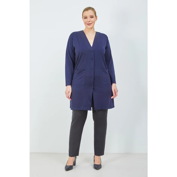 Kadın Vizon Düğmeli Cepli Büyük Beden  Anne Uzun Penye Hırka - 9