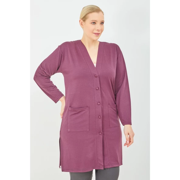 Kadın Vizon Düğmeli Cepli Büyük Beden  Anne Uzun Penye Hırka - 5