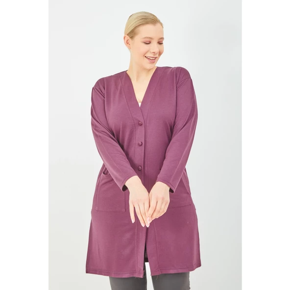 Kadın Vizon Düğmeli Cepli Büyük Beden  Anne Uzun Penye Hırka - 4