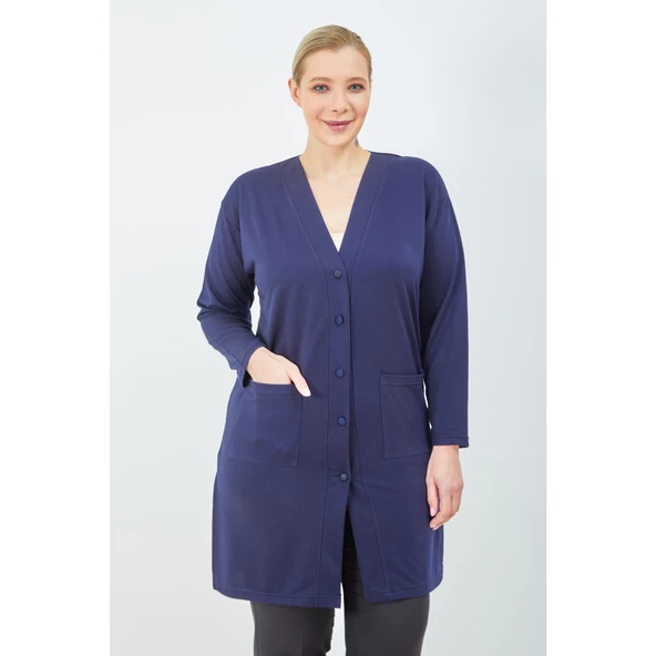 Kadın Vizon Düğmeli Cepli Büyük Beden  Anne Uzun Penye Hırka - 7