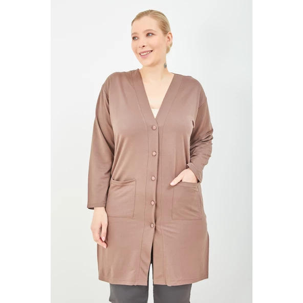 Kadın Vizon Düğmeli Cepli Büyük Beden  Anne Uzun Penye Hırka - 3