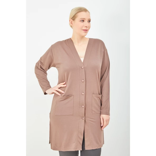 Kadın Vizon Düğmeli Cepli Büyük Beden  Anne Uzun Penye Hırka - 2