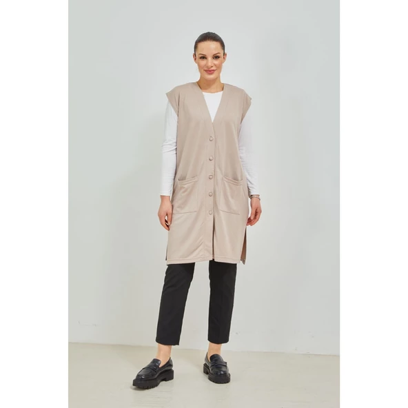 Kadın Siyah  Uzun Cepli Düğmeli Penye Anne Büyük Beden Tunik Yelek - 5