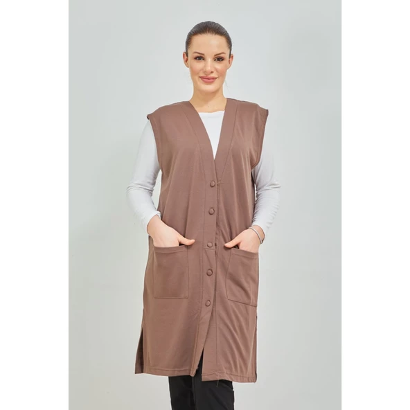 Kadın Siyah  Uzun Cepli Düğmeli Penye Anne Büyük Beden Tunik Yelek - 10