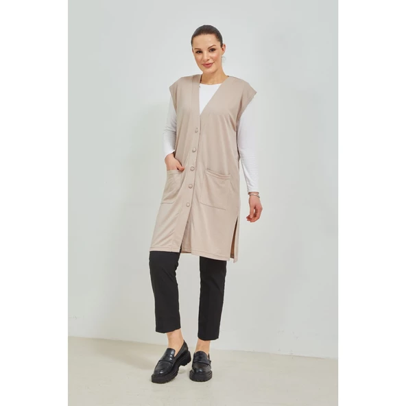 Kadın Siyah  Uzun Cepli Düğmeli Penye Anne Büyük Beden Tunik Yelek - 6