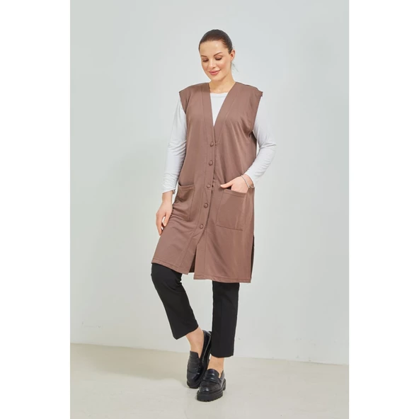 Kadın Siyah  Uzun Cepli Düğmeli Penye Anne Büyük Beden Tunik Yelek - 12