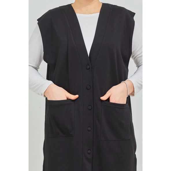 Kadın Siyah  Uzun Cepli Düğmeli Penye Anne Büyük Beden Tunik Yelek - 2