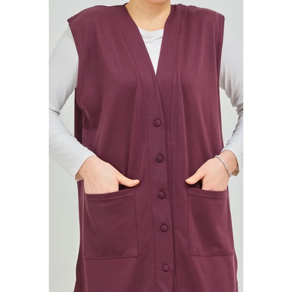 Kadın Siyah  Uzun Cepli Düğmeli Penye Anne Büyük Beden Tunik Yelek - 8