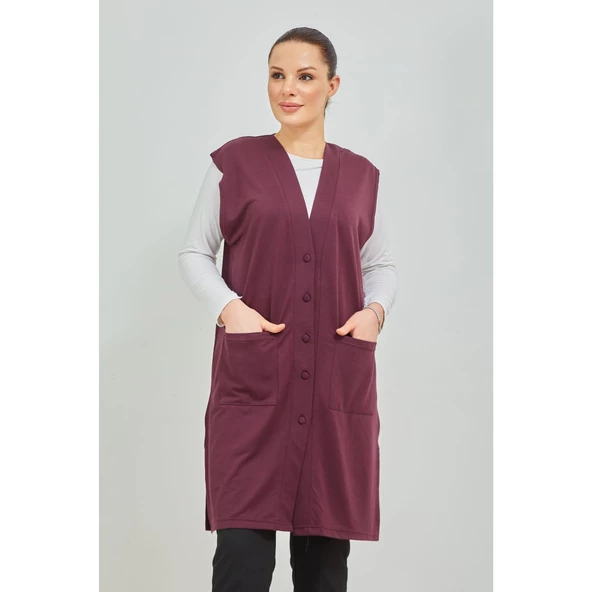 Kadın Siyah  Uzun Cepli Düğmeli Penye Anne Büyük Beden Tunik Yelek - 7