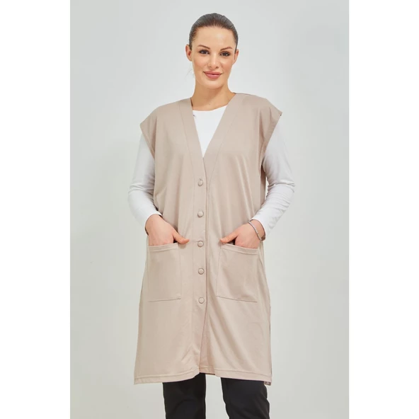 Kadın Siyah  Uzun Cepli Düğmeli Penye Anne Büyük Beden Tunik Yelek - 4