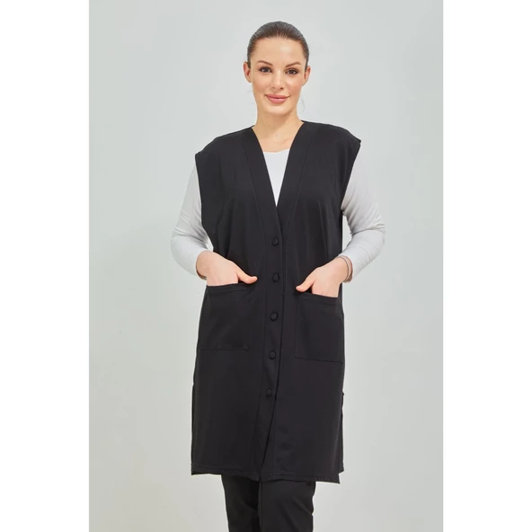 Kadın Siyah  Uzun Cepli Düğmeli Penye Anne Büyük Beden Tunik Yelek - 3