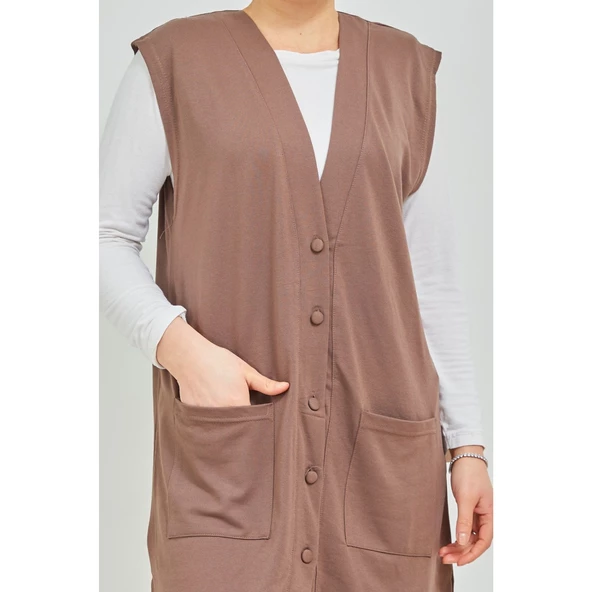 Kadın Siyah  Uzun Cepli Düğmeli Penye Anne Büyük Beden Tunik Yelek - 11