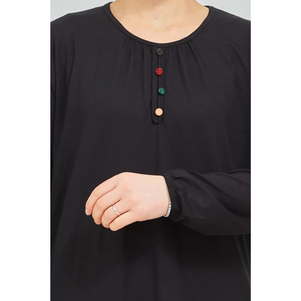 Kadın Siyah Kolu Lastikli Likralı Anne Penye Bluz - 4