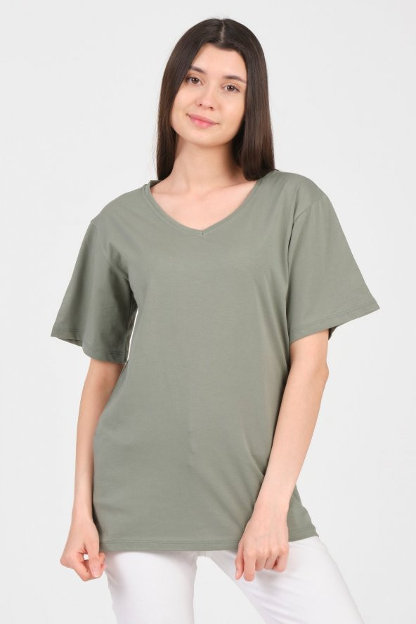 As Collection Yeşil V Yaka Kısa Kol Boyfriend Kadın T-Shirt