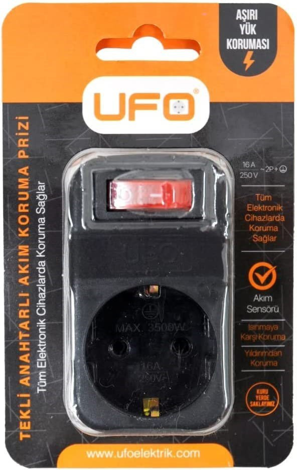 UFO UAK001 TEKLİ ANAHTARLI AKIM KORUMA PRİZİ 3500W SİYAH AŞIRI YÜK KORUMA PRİZ - 4