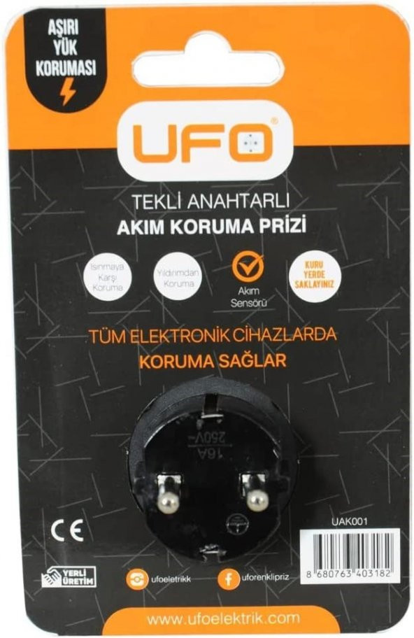 UFO UAK001 TEKLİ ANAHTARLI AKIM KORUMA PRİZİ 3500W SİYAH AŞIRI YÜK KORUMA PRİZ - 5
