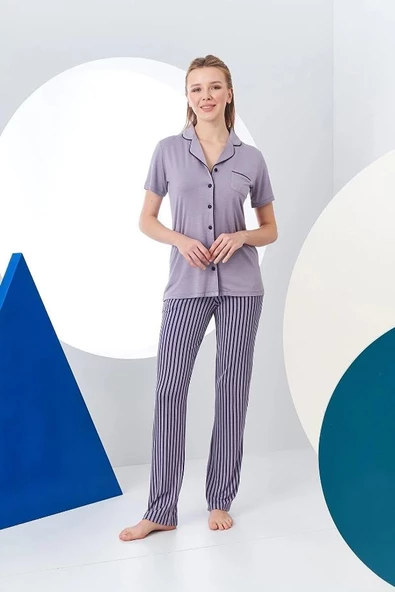 Pjs 24156 Kadın Çizgili Düğmeli Pijama Takım - 4