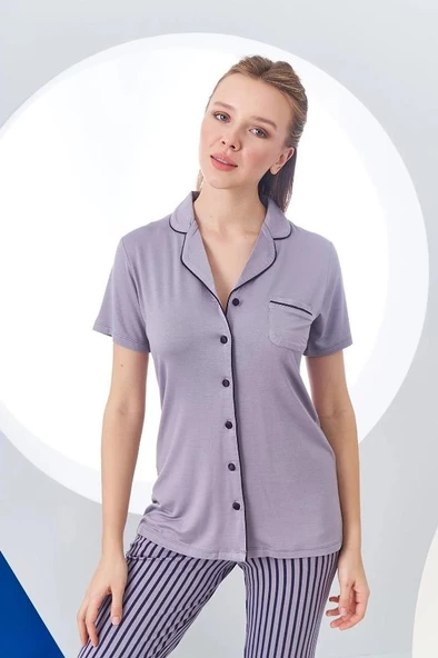 Pjs 24156 Kadın Çizgili Düğmeli Pijama Takım - 6