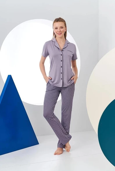 Pjs 24156 Kadın Çizgili Düğmeli Pijama Takım - 3