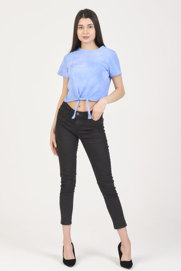 As Collection Mavi Batikli Bağlamalı Crop Kadın T-Shirt