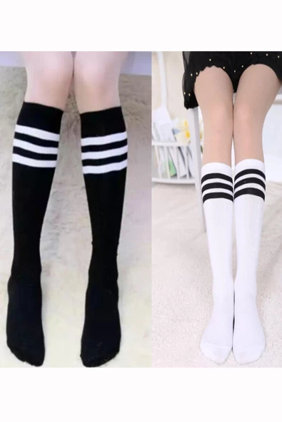2li Kadın Çizgili Dizaltı Kolej Çorap Pamuklu Rahat Uzun - 3