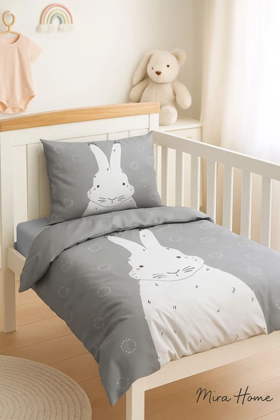 Yenidoğan Kız / Erkek Unisex Bebek Nevresim Takımı 3D Pamuklu Gri Tavşan