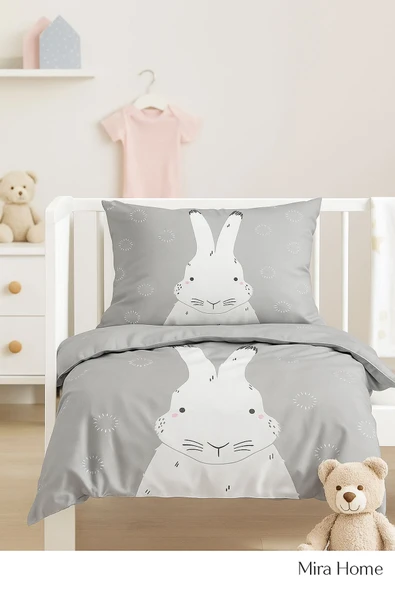 Yenidoğan Kız / Erkek Unisex Bebek Nevresim Takımı 3D Pamuklu Gri Tavşan - 2