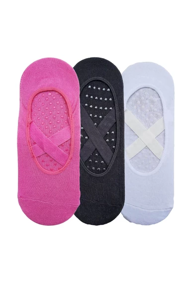 3lü Kadın Bambu Yoga Pilates Çorabı Çapraz Bantlı Kaydırmaz Taban - 7