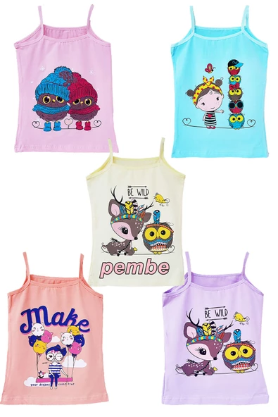 5li Kız Çocuk Atlet Pamuklu Baskılı Rengarenk Kaliteli Eğlenceli - 6