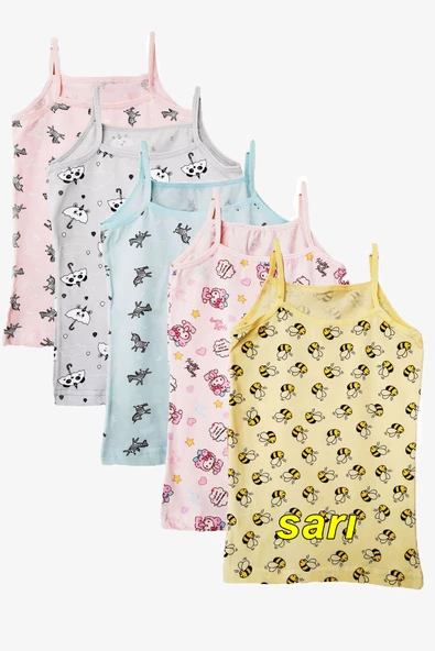 5li Kız Çocuk Atlet Pamuklu Baskılı Rengarenk Kaliteli Eğlenceli - 4