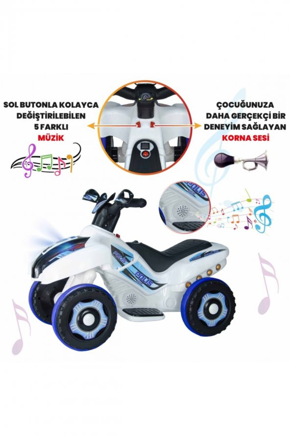 UJ Toys Uzaktan Kumandalı Akülü Atv 6v Ranger-Beyaz Polis - 6