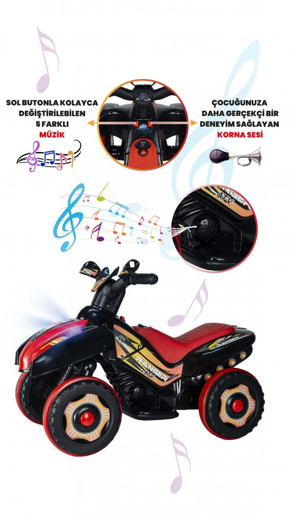 Uj Toys Müzikli Ve Led Işıklı Ranger Akülü Atv 6V-Siyah - 5