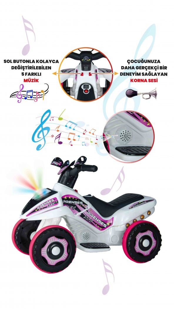 UJ Toys Müzikli ve Led Işıklı Safari Akülü Atv 6V-Beyaz Prenses - 4