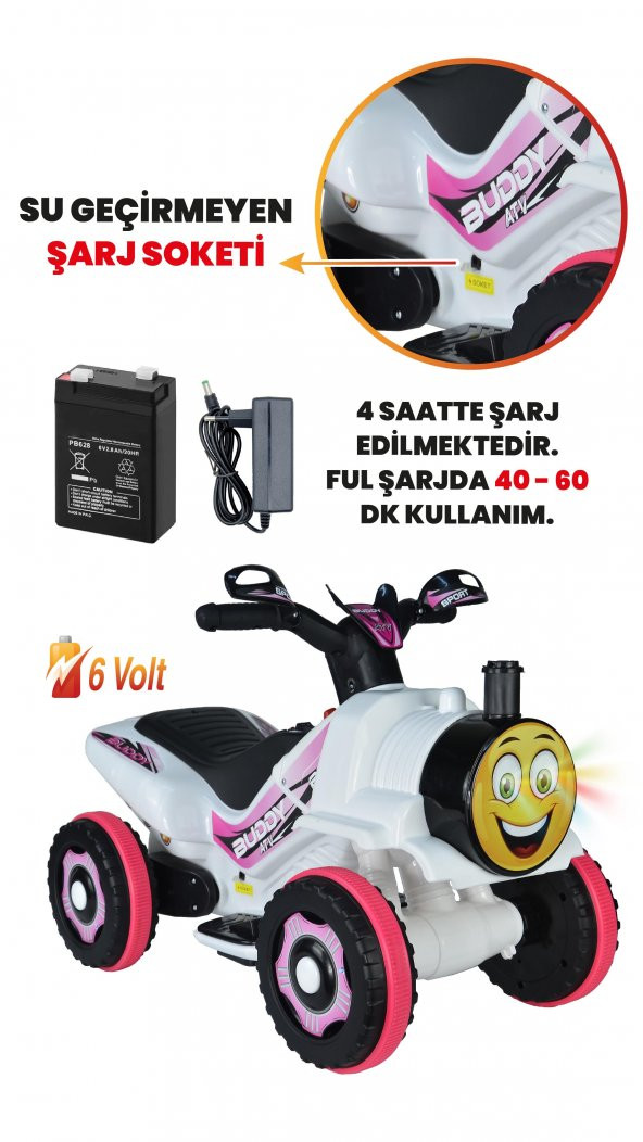 UJ Toys Müzikli ve Led Işıklı Buddy Akülü Atv 6V-Beyaz Prenses - 4