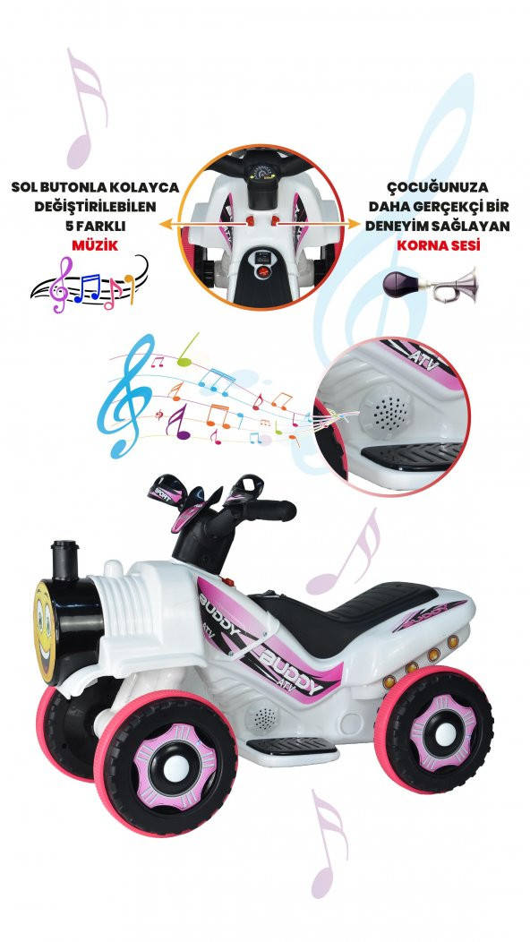 UJ Toys Müzikli ve Led Işıklı Buddy Akülü Atv 6V-Beyaz Prenses - 5