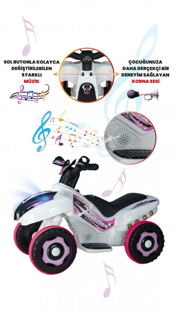 Uj Toys Müzikli Ve Led Işıklı Ranger Akülü Atv 6V-Beyaz Prenses - 5
