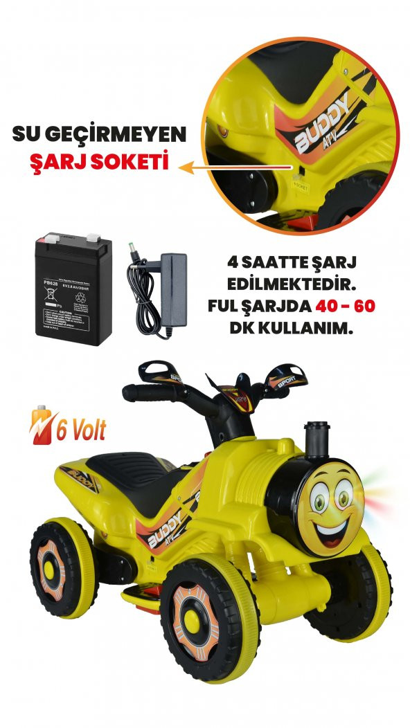 UJ Toys Müzikli ve Led Işıklı Buddy Akülü Atv 6V-Sarı - 4
