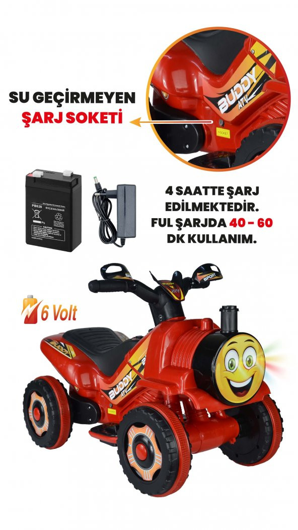 UJ Toys Müzikli ve Led Işıklı Buddy Akülü Atv 6V-Kırmızı - 4