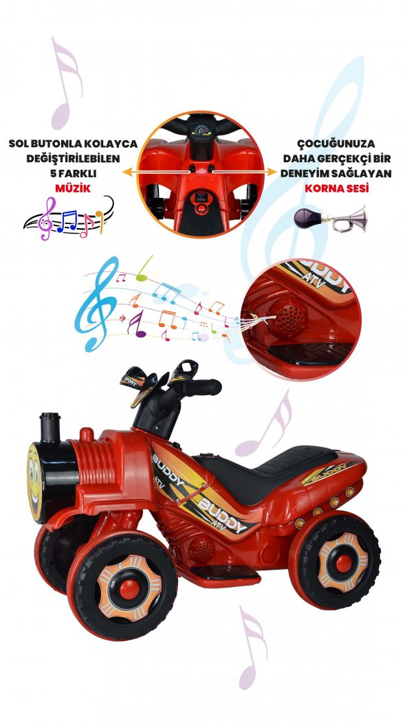 UJ Toys Müzikli ve Led Işıklı Buddy Akülü Atv 6V-Kırmızı - 5