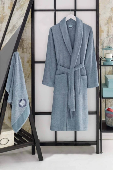 Mira Home Kadın Erkek %100 Pamuklu Baş Havlulu Banyo Bornoz Takımı - 12