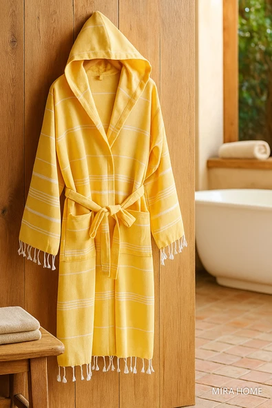 Kapüşonlu Kadın / Erkek Peştemal Bornoz Soft %100 Pamuklu Natural - 3