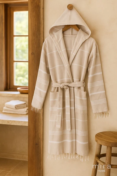 Kapüşonlu Kadın / Erkek Peştemal Bornoz Soft %100 Pamuklu Natural - 8