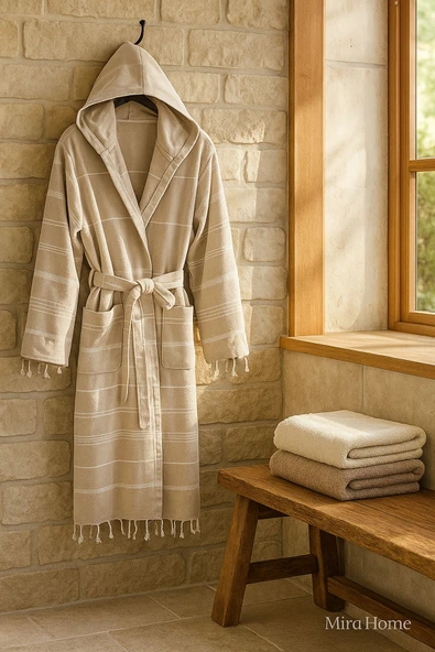 Kapüşonlu Kadın / Erkek Peştemal Bornoz Soft %100 Pamuklu Natural - 9