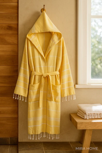 Kapüşonlu Kadın / Erkek Peştemal Bornoz Soft %100 Pamuklu Natural - 2