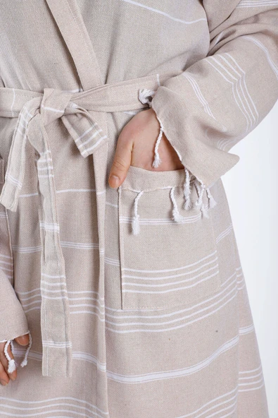 Kapüşonlu Kadın / Erkek Peştemal Bornoz Soft %100 Pamuklu Natural - 12