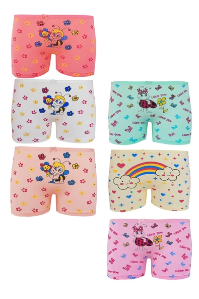 6lı Kız Çocuk Boxer %100 Pamuklu Likralı Baskılı Eğlenceli Rahat - 2